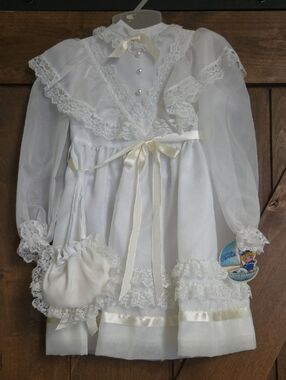 Vintage White Dress With Ivory Lace Trim Girls Dress with Matching Purse